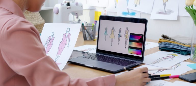 Asia people SME owner or retail fabric craft store work in artist studio home office on desk busy learn online study art class on laptop in digital dress color screen app write job idea skill on web.